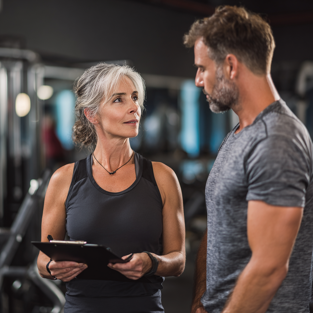 Жена на 52 години работи с персонален треньор във фитнес зала, двамата обсъждат упражненията и прогреса