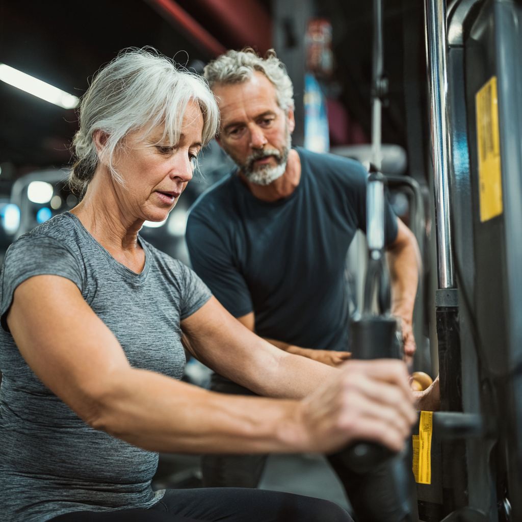 Треньор на 58 години обяснява на новодошла клиентка на 62 години как да използва тренировъчния уред правилно и безопасно
