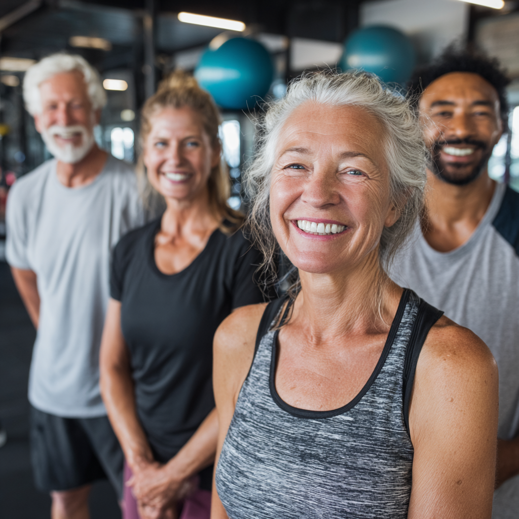 Група от пет човека на възраст между 50 и 60 години правят групова тренировка във фитнес зала, усмихнати и мотивирани