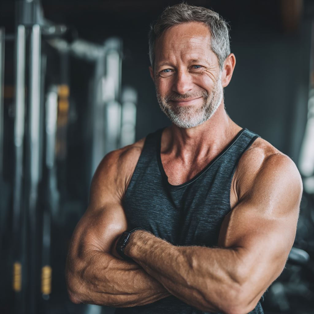 Усмихнат мъж на 55 години във фитнес залата, показващ мускулите си след успешна тренировка, носи спортни дрехи
